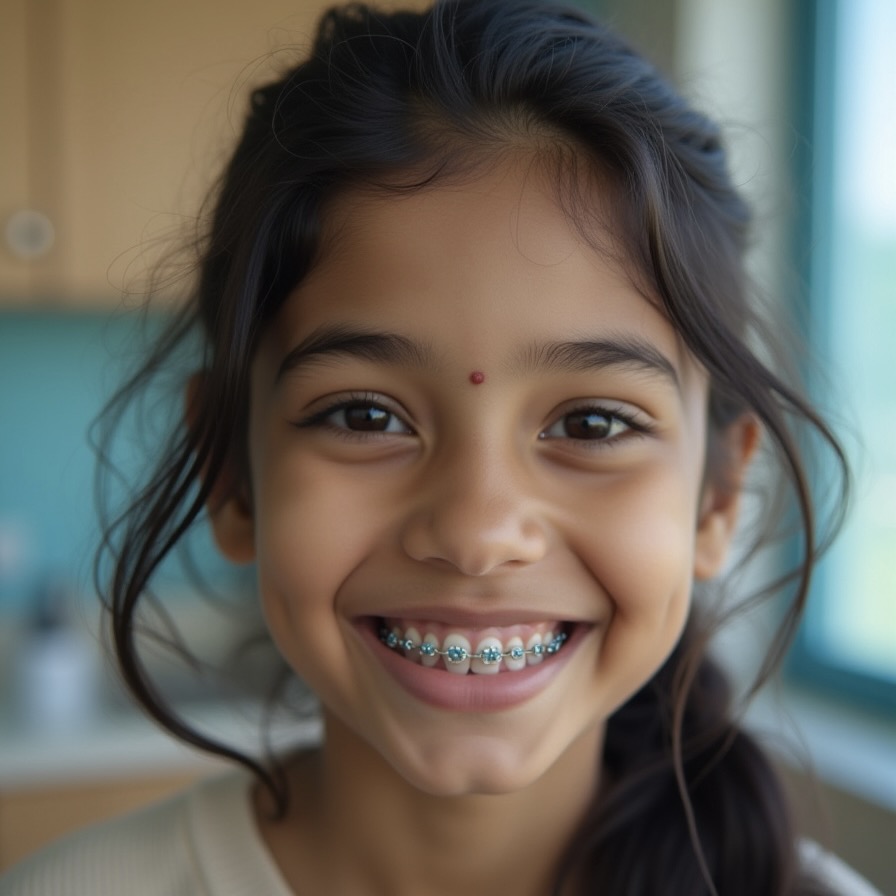 An Indian teenager smiling confidently with traditional metal braces in a modern clinic.