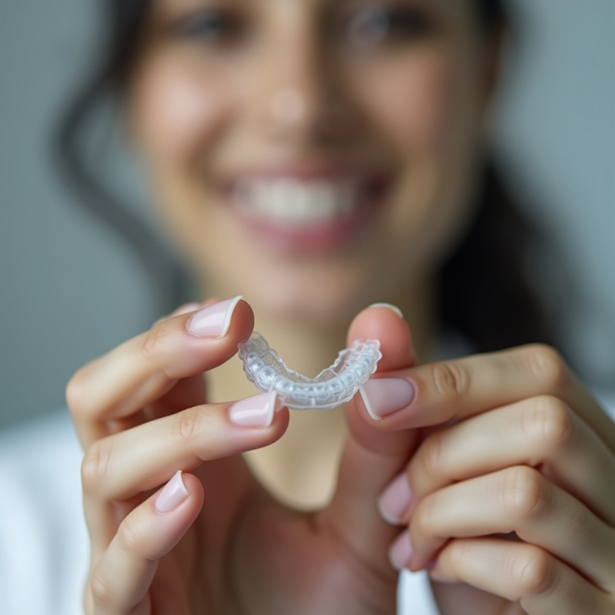 An Indian adult holding a nearly invisible clear aligner against a sleek dental background.
