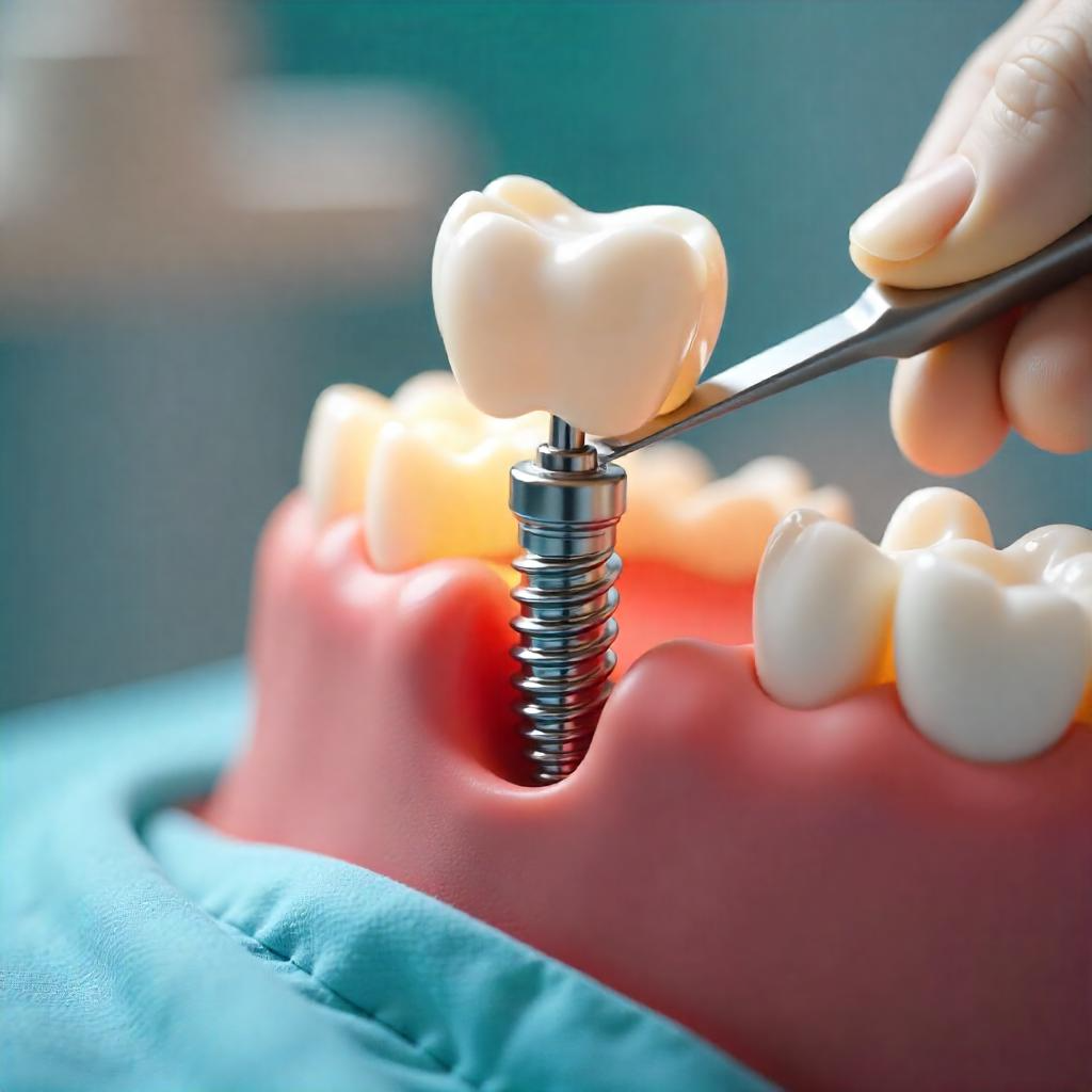 A detailed 3D image of a dental implant being placed in a model.
